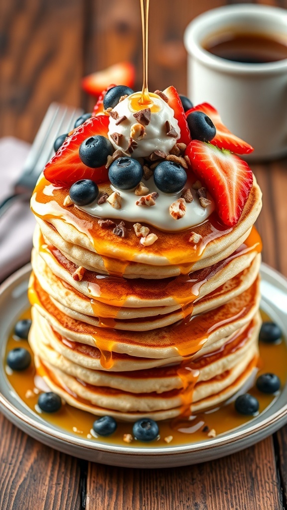 A stack of pancakes topped with syrup, berries, whipped cream, and nuts on a wooden table.